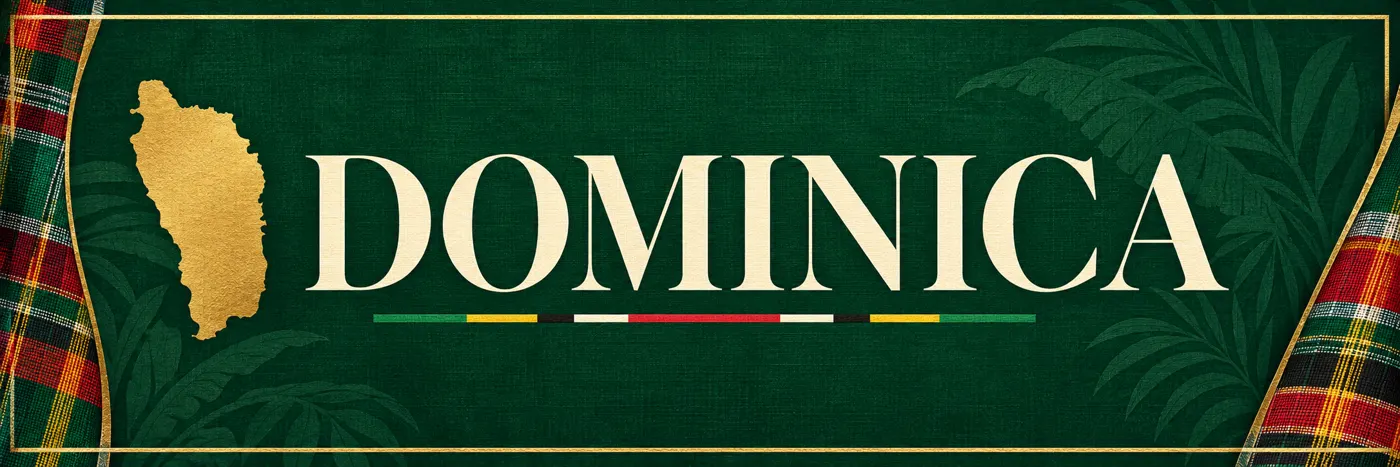 DOMINICA in ivory serif lettering on deep emerald, with a gold island silhouette, madras accents and a fine gold frame